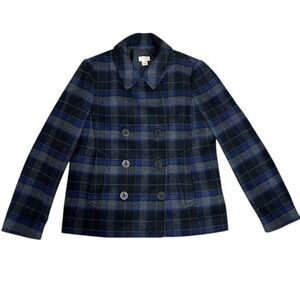 J.Crew Plaid‎ Wool Blend Double Breasted Pea Coat Jacket Blue Gray Size 6